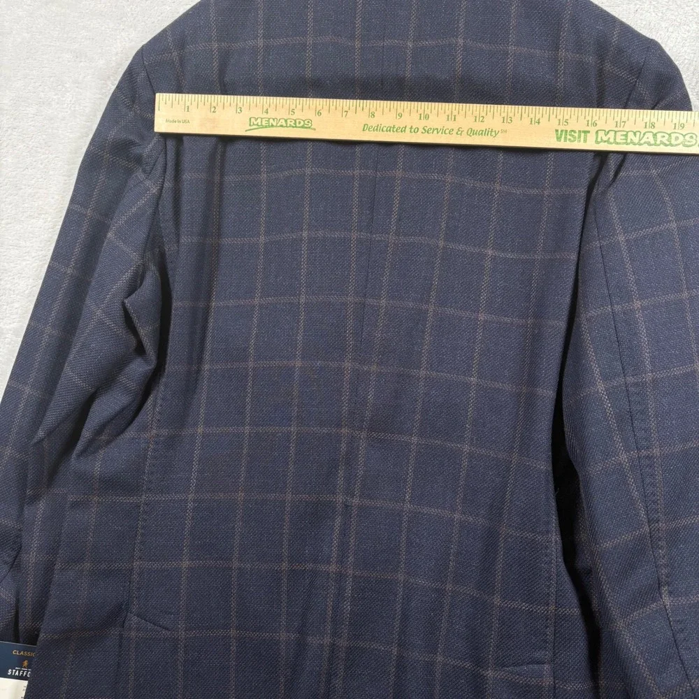 Stafford Mens Navy Windowpane Wool Blend‎ Sport Coat Blazer 46L Classic Fit NEW